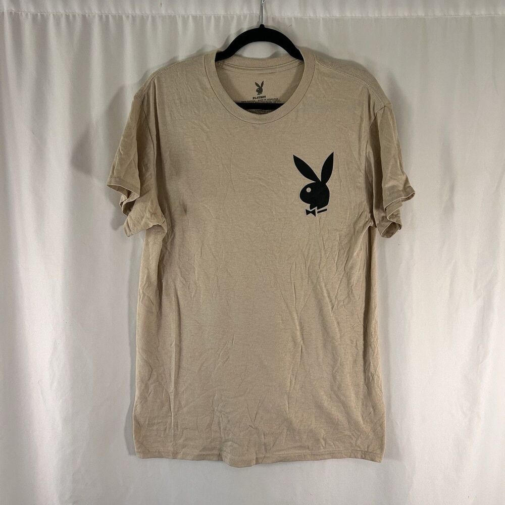 Playboy T Shirt Men's Medium Beige Short Sleeve Crew Neck 100% Cotton